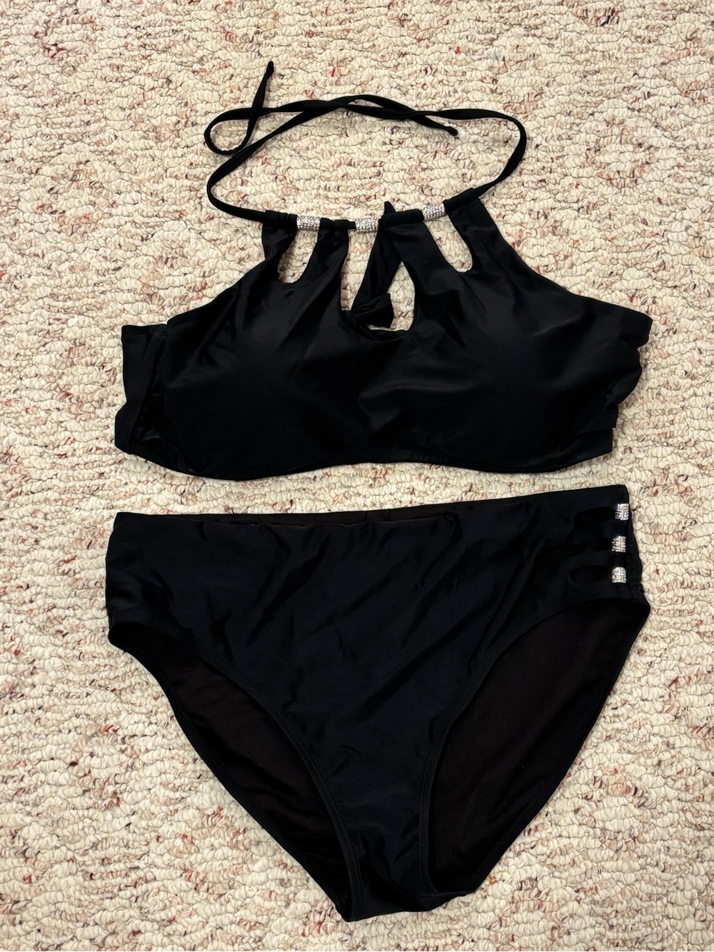 Ashley Graham Black High-Neck Cutout Two-Piece Bikini